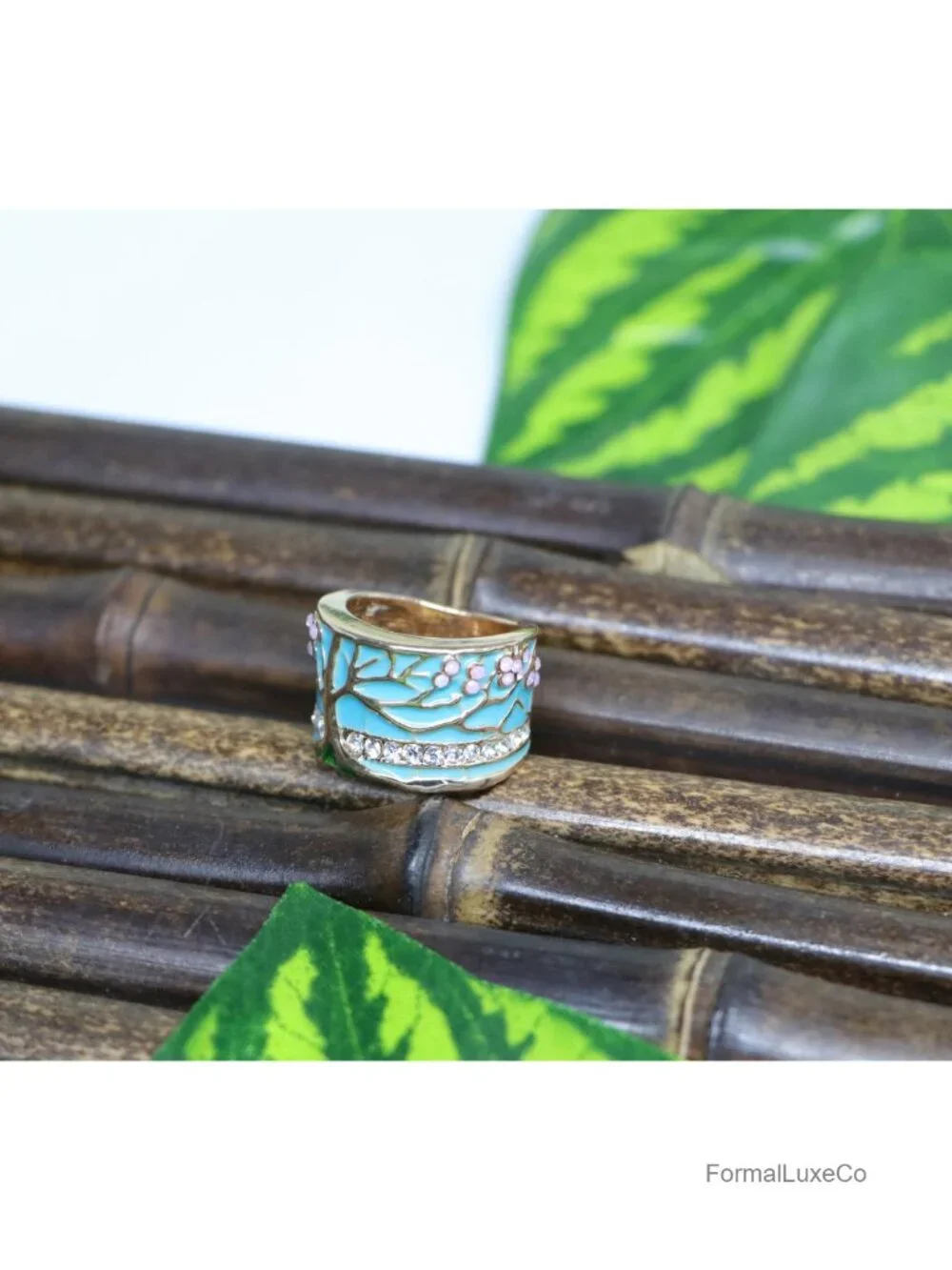 Tree of Life Ring with Pink Flower Opal Enamel Wide Band Vintage